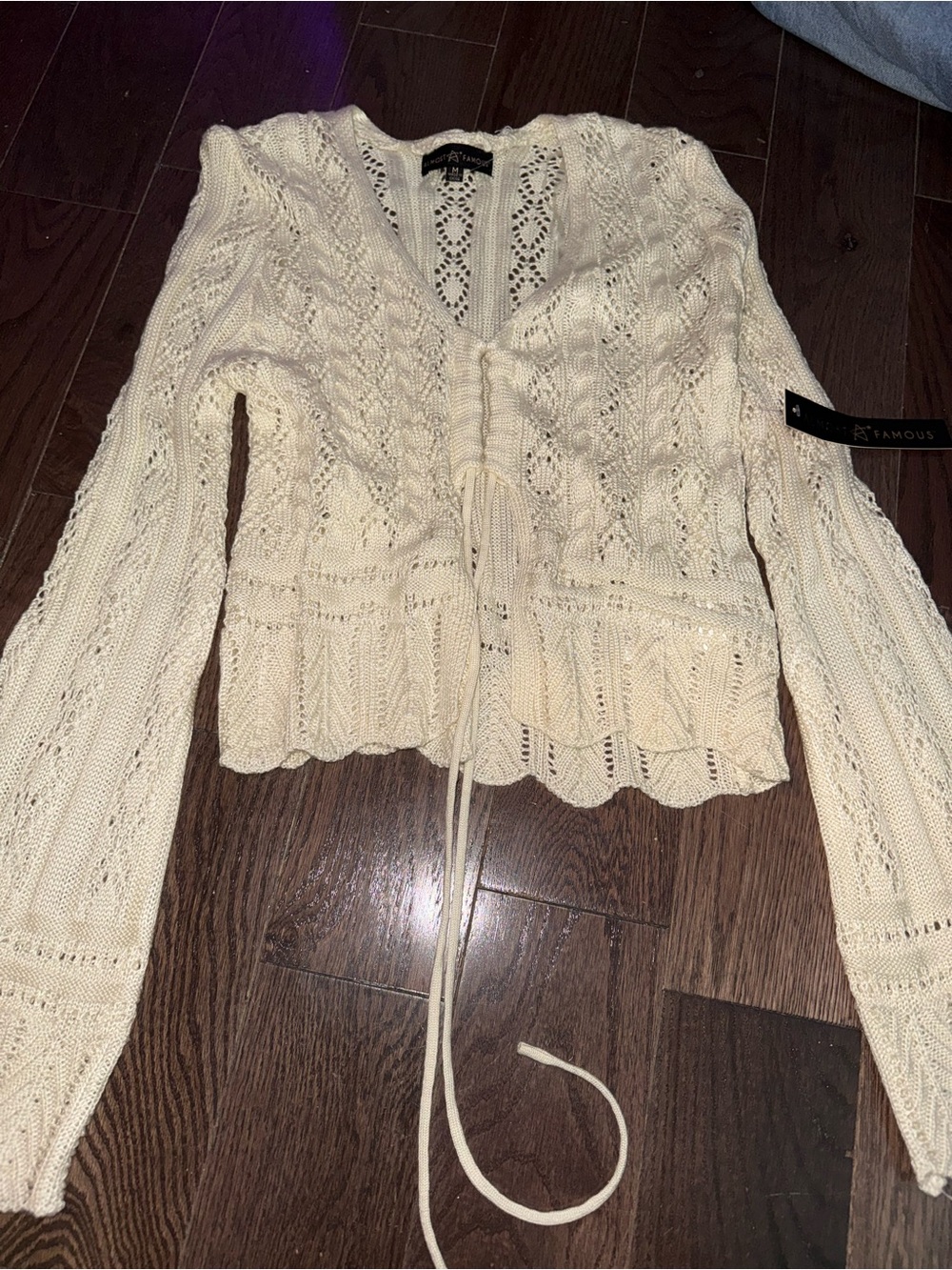 Almost Famous Cream Crochet Tie-Front Cardigan